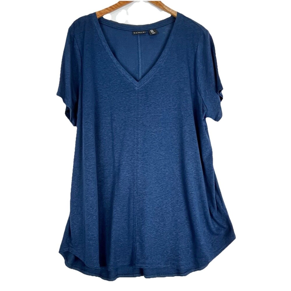 Tahari Womens Plus Size Blue V Neck Top Linen Lyocell Relaxed Fit - Picture 2 of 11
